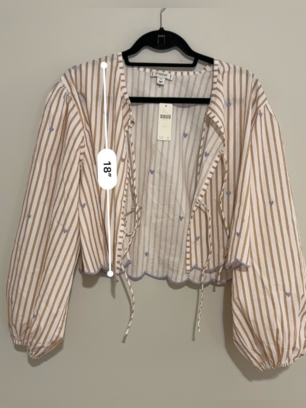 Maeve Striped Floral Embroidered Tie Front Balloon Sleeve Blouse Cottagecore - Picture 9 of 11